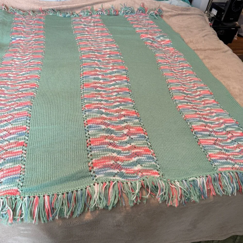 Vintage Large Crocheted Afghan Pink Mint and White with Blue Accents Lap Warmer